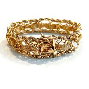 Vintage 14K Gold Mesh Rope Bracelet with Leaves and Fine Woven Mesh Ribbon